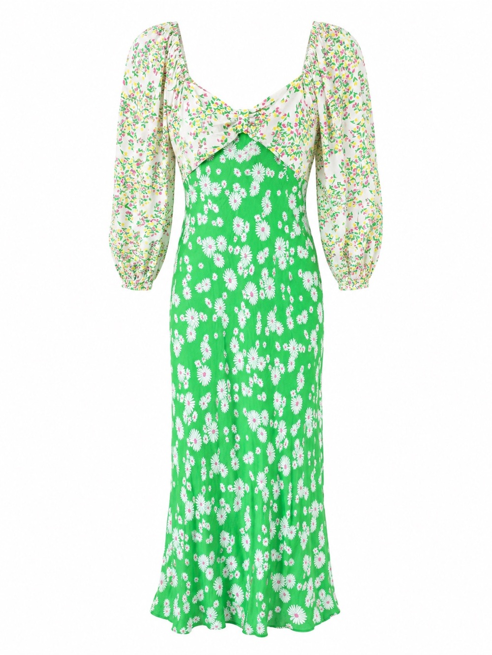 RIXO Daisy Floral Midi Dress Womens US 4 Green Puff Sleeve Cottagecore Tea Dress